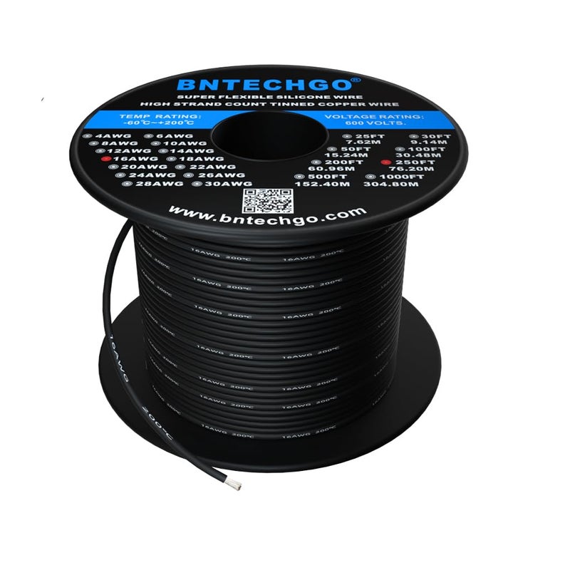 BNTECHGO 16 Gauge Silicone Wire Spool 250 ft Black Flexible 16 AWG Stranded Tinned Copper Wire - Image 1